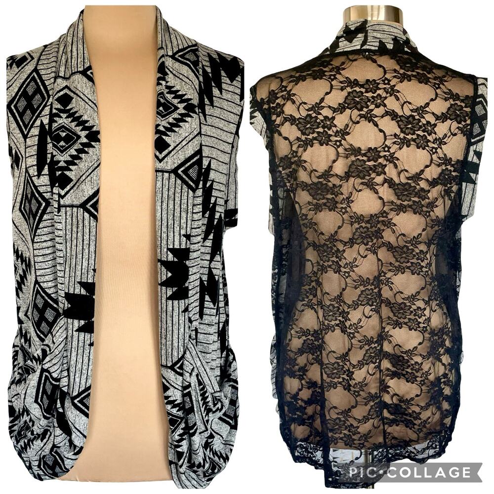 Mixed Media Vest Cardigan Black & White Lace Back Sz L Southwest Western Cowgirl